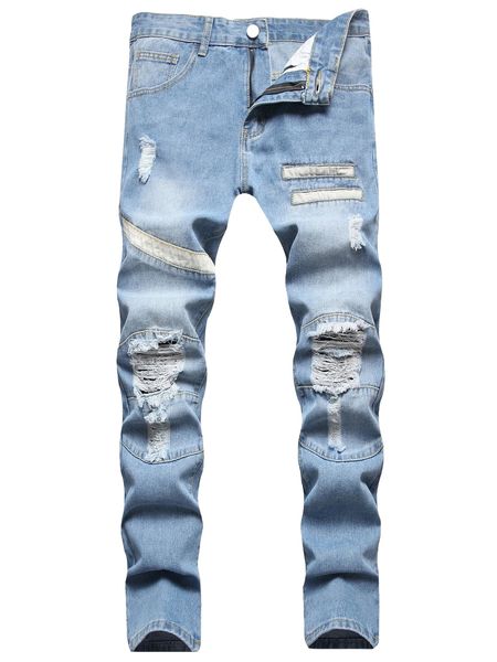 

men bleach wash ripped frayed skinny jeans u2w1#, Blue