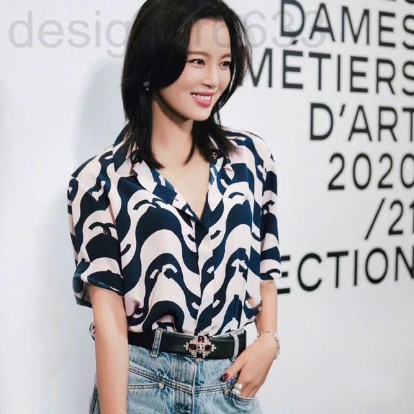 

women's blouses & shirts designer 21 spring and summer silk shirt women's wavy print short sleeve lapel small fragrance top, White