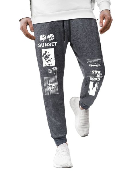 

men car & slogan graphic drawstring waist sweatpants i1zc#, Black