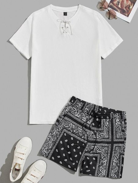 

men lace up detail & paisley scarf print shorts set x3ew#, Gray