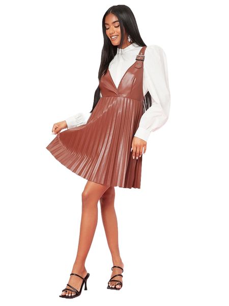 

buckle belted pleated pu leather dress without blouse w0ot#, Black;gray