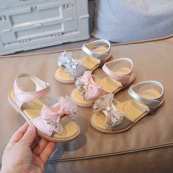 Mädchen Sandalen 2022 Mode Elegante Sommer Kinder Kinder Pu Bling Stern Schmetterling-knoten Haken Schleife Prinzessin Leistung Schuhe Baby g220418