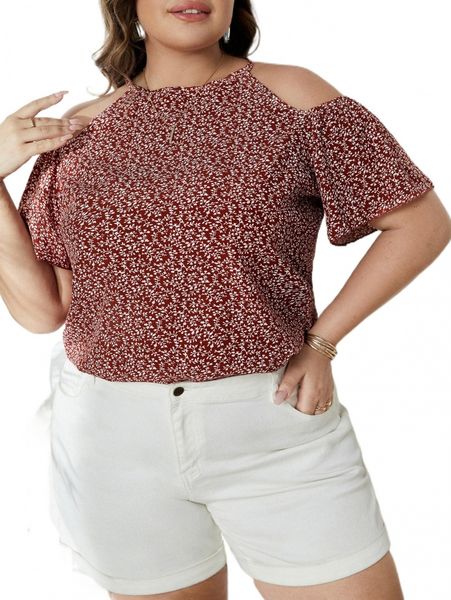 

plus all over plant print cold shoulder blouse o2zx#, Black