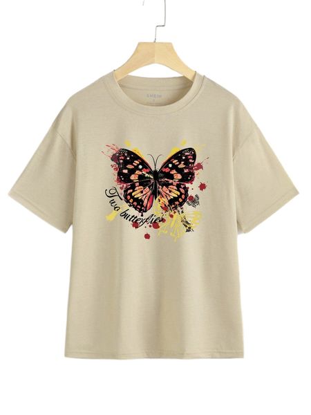 

letter & butterfly print drop shoulder tee c1fr#, White