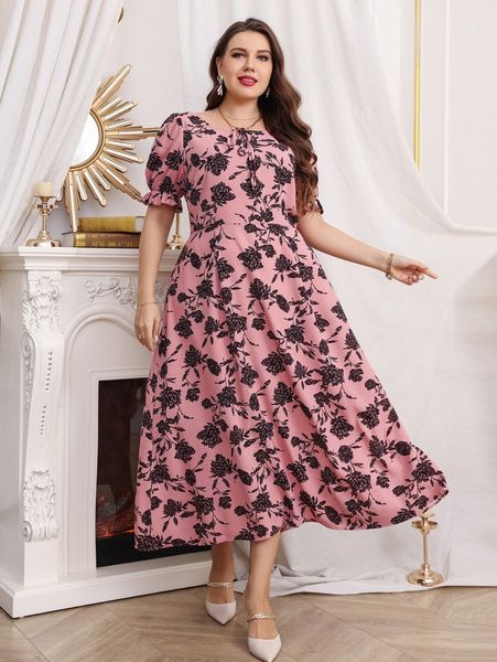 

plus floral print puff sleeve knot front dress p5ba#, Black