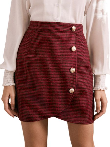 

houndstooth button front wrap skirt a54d#, Black