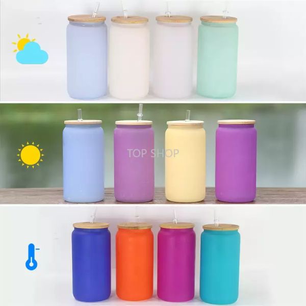 Duas funções 16oz de vidro de sublimação pode fria UV Alteração de vidro Sun Sensing Tumbler de copos de bebida com tampa de bambu e palha reutilizável EE