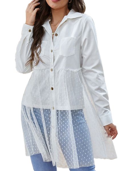 

contrast dobby mesh frill trim blouse n92h#, White