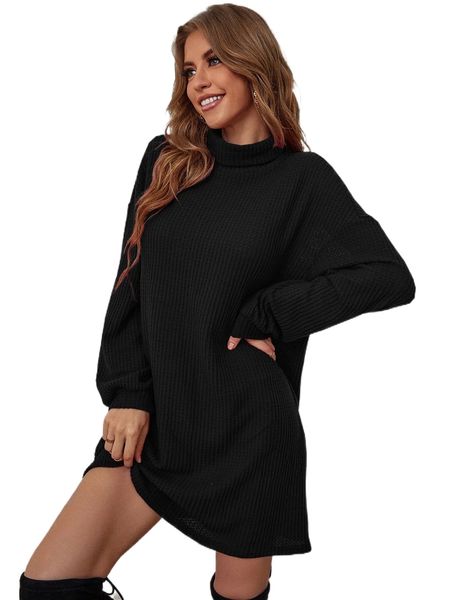 

mock neck waffle knit drop shoulder dress without belt b5y8#, Black;gray
