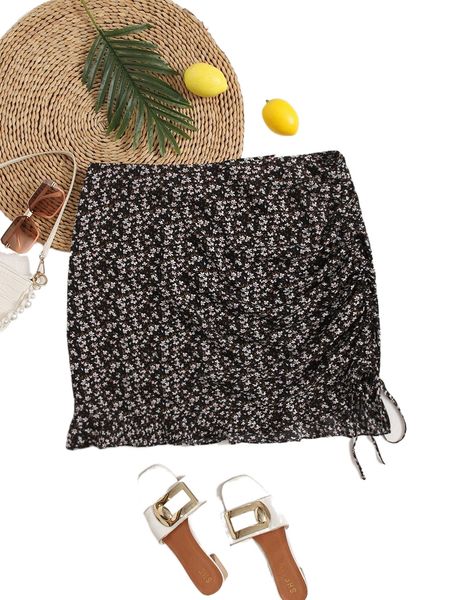 

plus ditsy floral drawstring side skirt v3tg#, Black