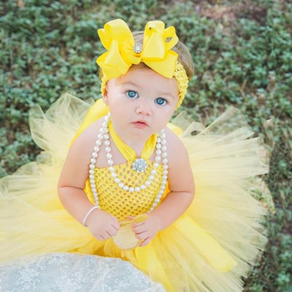 Mädchenkleider Süßes Baby-Gelb-Tutu-Kleid Kleinkindermädchen Häkel-Tüll-Tutu mit Haarschleife Geborenes Geburtstagsparty-Kostüm Pografie-KleiderMädchen