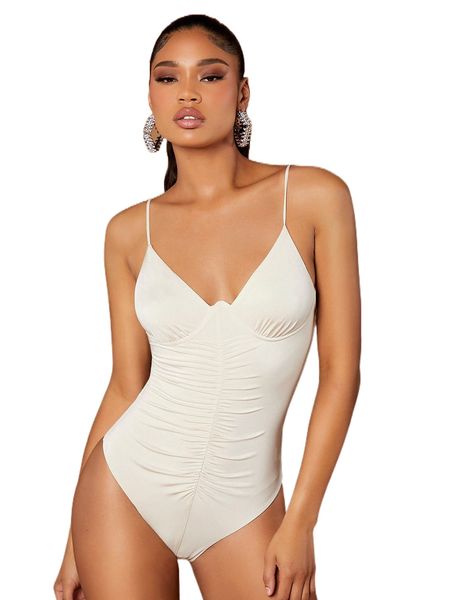 

bae solid ruched cami bodysuit i19i#, White