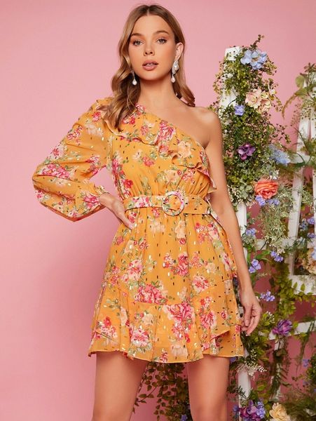 

floral print one shoulder ruffle trim belted dress u1on#, Black;gray