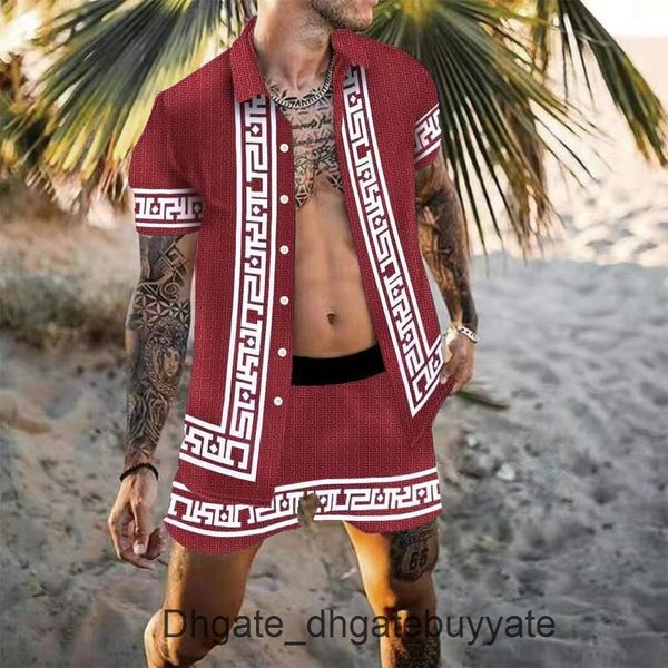 

summer mens luxury tracksuit hawaiian sets t-shirts printing fashion men swim short sleeve button shirts beach shorts streetwear casual shir, Gray