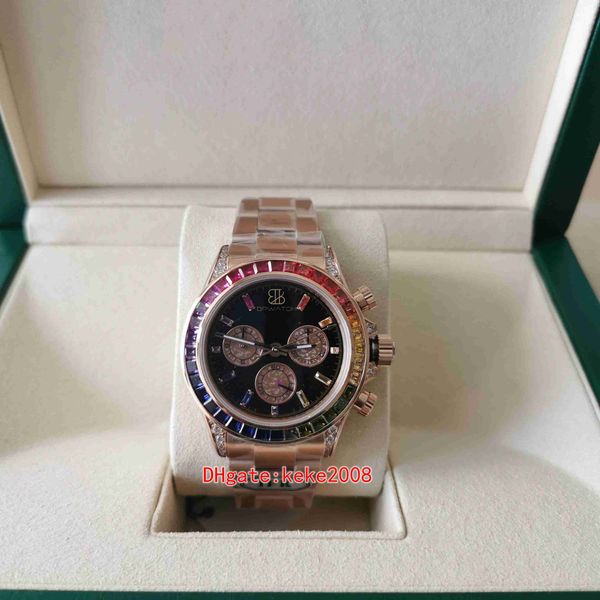 Orologi da uomo perfetti 116595 RBOW Cosmograph 40mm diamanti colorati Cronometro in oro rosa cal.4130 Movimento Orologio da polso meccanico automatico da uomo