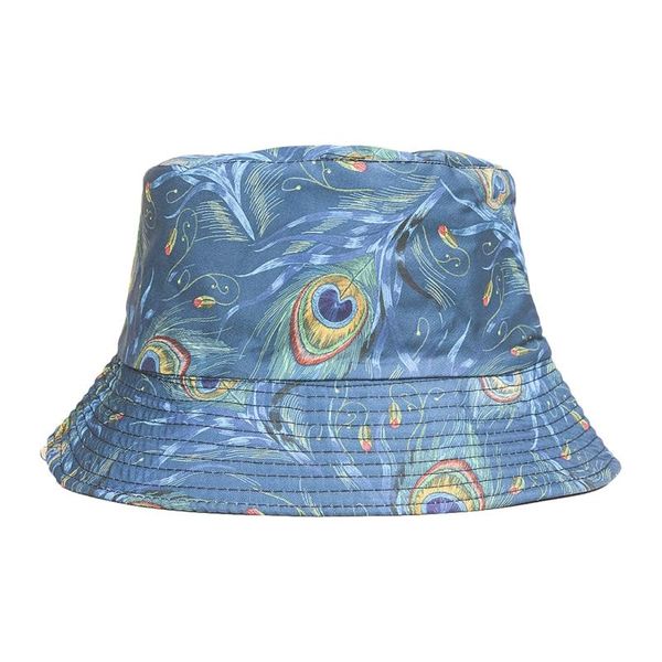 Berets Unisex Eimer Hut Frauen Pfau Feder Drucken Bob Hüte Sommer Baumwolle Sonne Strand Kappe Fischer Für Männer Panama Hut