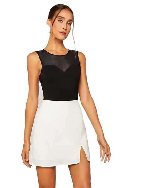 

solid contrast mesh slim fit bodysuit x2q4#, White