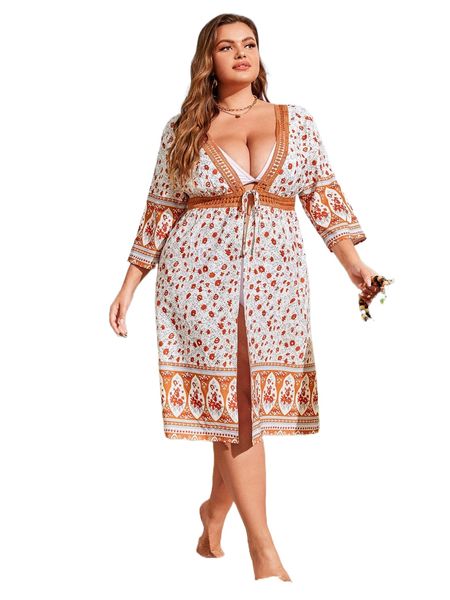 

plus floral print contrast lace knot front kimono 17vg#, Black;gray
