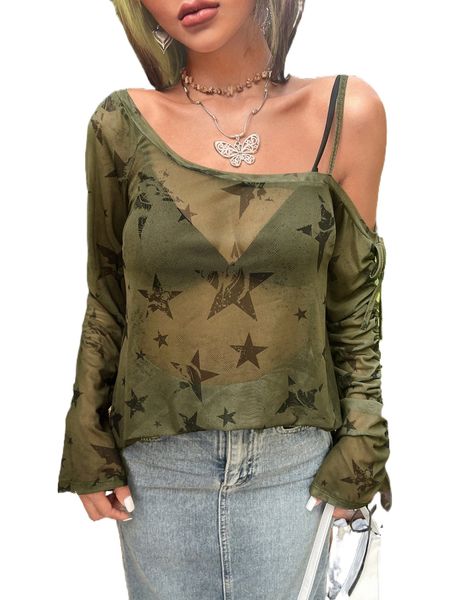 

star print drawstring ruched sheer without bra o0gx#, White