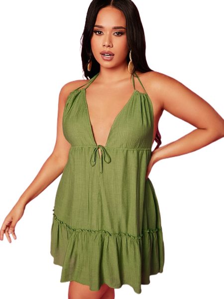 

plus tie front ruffle hem backless halter dress h6mo#, Black