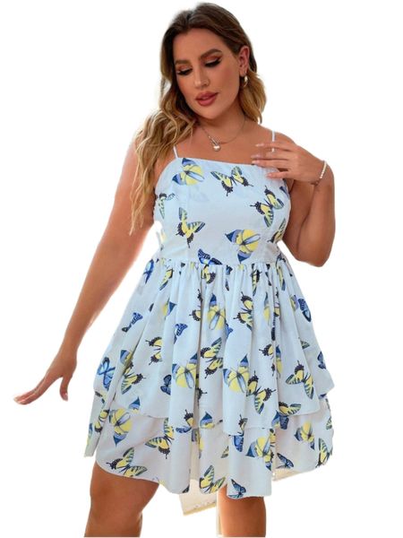 

plus butterfly print two layer hem cami dress h10h#, Black