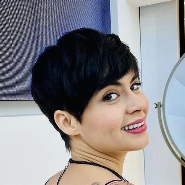 

short pixie cut human hair wig with bangs straight bob none lace full machine made ombre blonde wig for black women, Black;brown