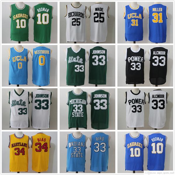

stitched ncaa basketball jerseys college alcindor 33 bird 34 bias johnson 25 wade high school shirts rodman 10 ucla miller 31 westbrook jers, Black