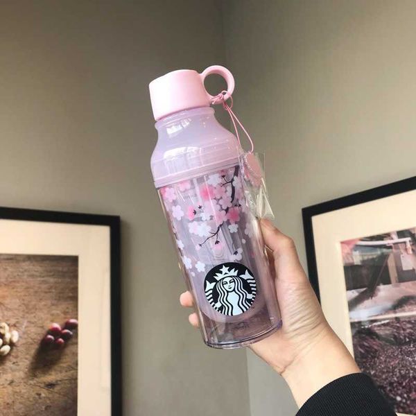 

2019 korean starbucks cup pink cherry blossom led double-layer plastic accompanying cup water cup 473ml