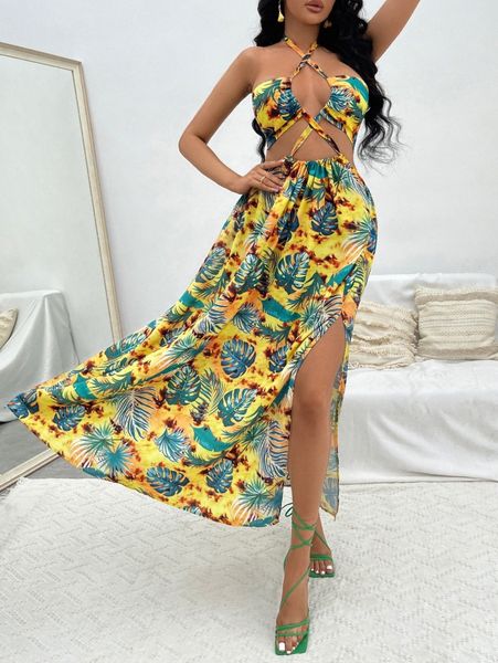 

sxy tropical print cut out split thigh backless halter dress y5mp#, Black;gray