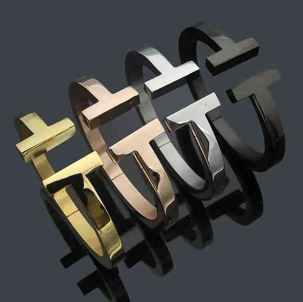 

luxury fashion women bangle bracelets stainless open cuffs thick wide band double t bangles bracelet mens jewlery silver rose gold black pul