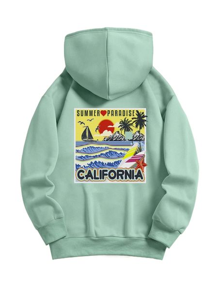 

coconut tree & letter graphic drawstring thermal lined hoodie n3yl#, Black