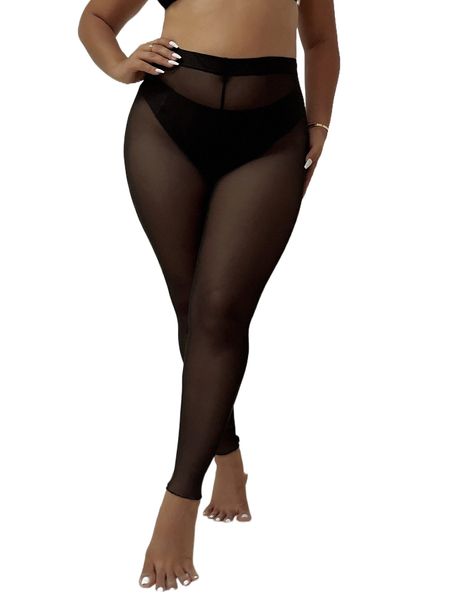 

plus sheer mesh cover up pants without bikini panty c5fp#, Black