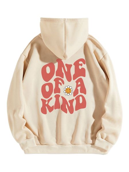 

flower & slogan graphic drawstring kangaroo pocket hoodie 40as#, Black