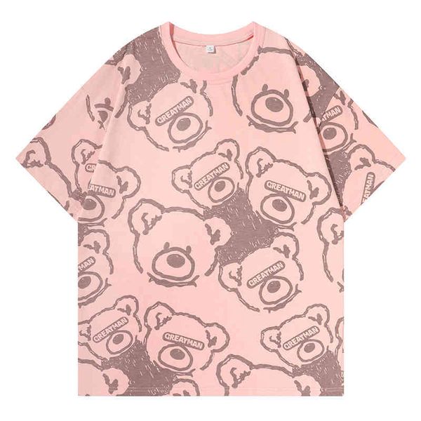 

nasa co branded fashion fun bear graffiti short sleeve loose couple's round neck pure t-shirt, White;black