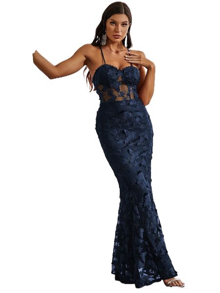 

butterfly appliques lace up guipure lace maxi cami formal dress q8dq#, Black;gray