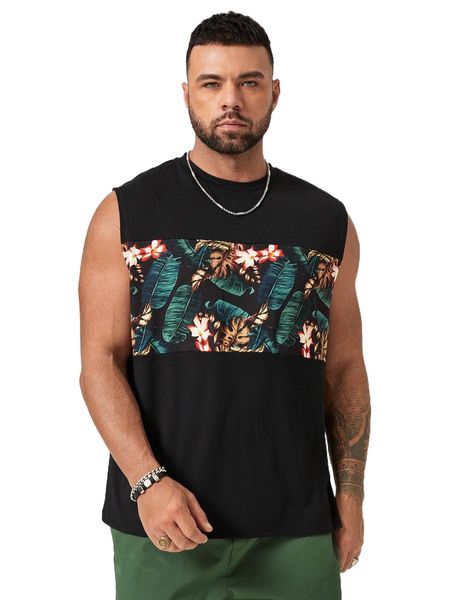 

extended sizes men tropical print tank b22g#, White;black