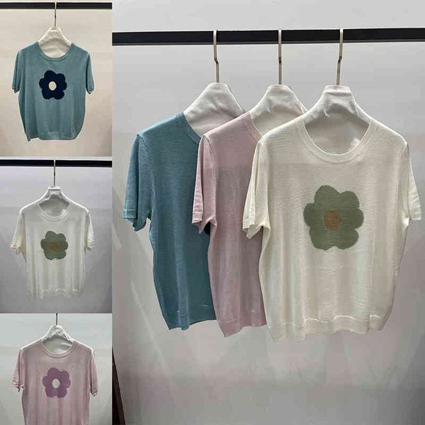 

women's t-shirt p120135xrk round neck flower knit short sleeve, White