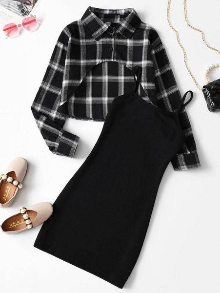 

girls plaid print super crop blouse & cami dress she, White