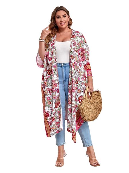 

plus paisley & floral print dolman sleeve kimono b9nh#, Black;gray