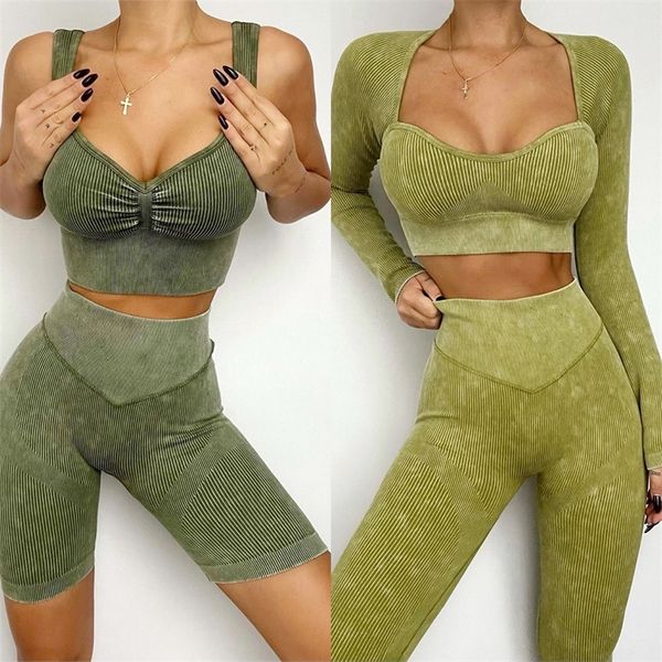 Gerippte gewaschene nahtlose Yoga Set Crop Top Frauen Shirt Leggings zweiteilige Outfit Workout Fitness Wear Gym Anzug Sport Sets Kleidung W220418