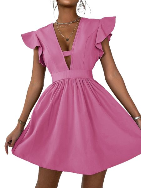 

plunging neck flutter sleeve dress c6dl#, Black;gray