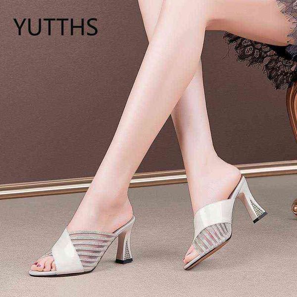 

2022 summer new peep toe mesh hollow high heels thick heel slides rhinestone women's slippers dress wedding shoe luxury designer, Black