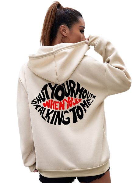 

lip & slogan graphic drop shoulder drawstring thermal hoodie k1mn#, Black