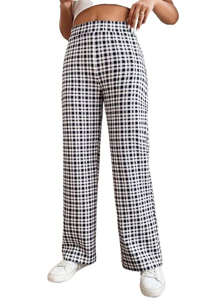 

petite gingham print straight leg pants l2rm#, Black;white
