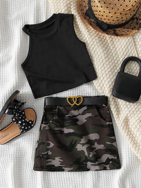 

toddler girls solid tank & belted camo skirt she, White