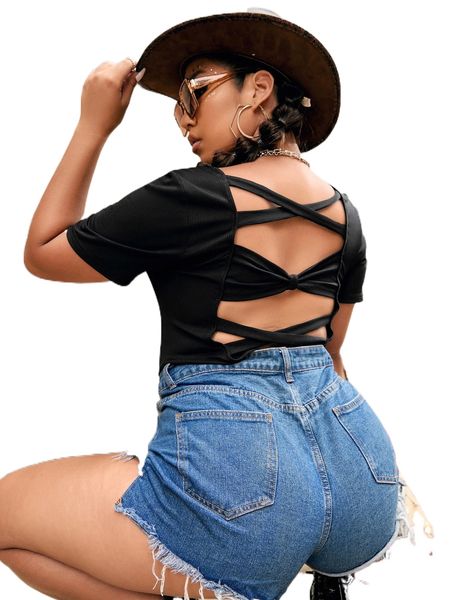 

plus crisscross cut out back tee e8si#, Black