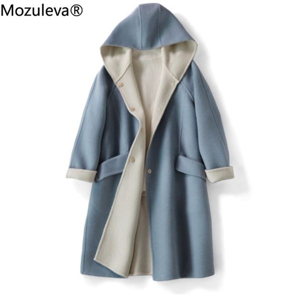 

winter elegant women's two-tone double-faced mid-length wool overcoat hooded dark buckle woolen coat women 210416, Tan;black