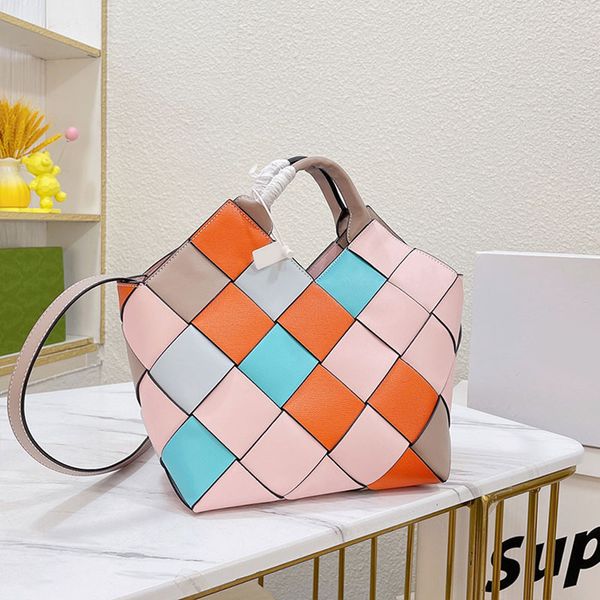 

women shoudler bag handbag color matching woven vegetable basket large capacity package fashion genuine leather crochet print pattern patchw