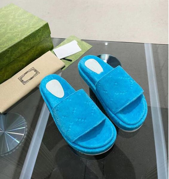 

2022 designer slippers fashion thick bottom sandals velvet letter embroidery slides lady platform wedges sandal beach high heel with box siz, Black