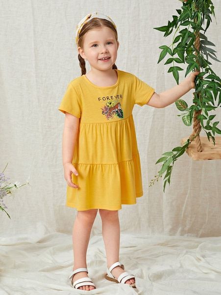

toddler girls letter and tiger print smock dress she, Red;yellow